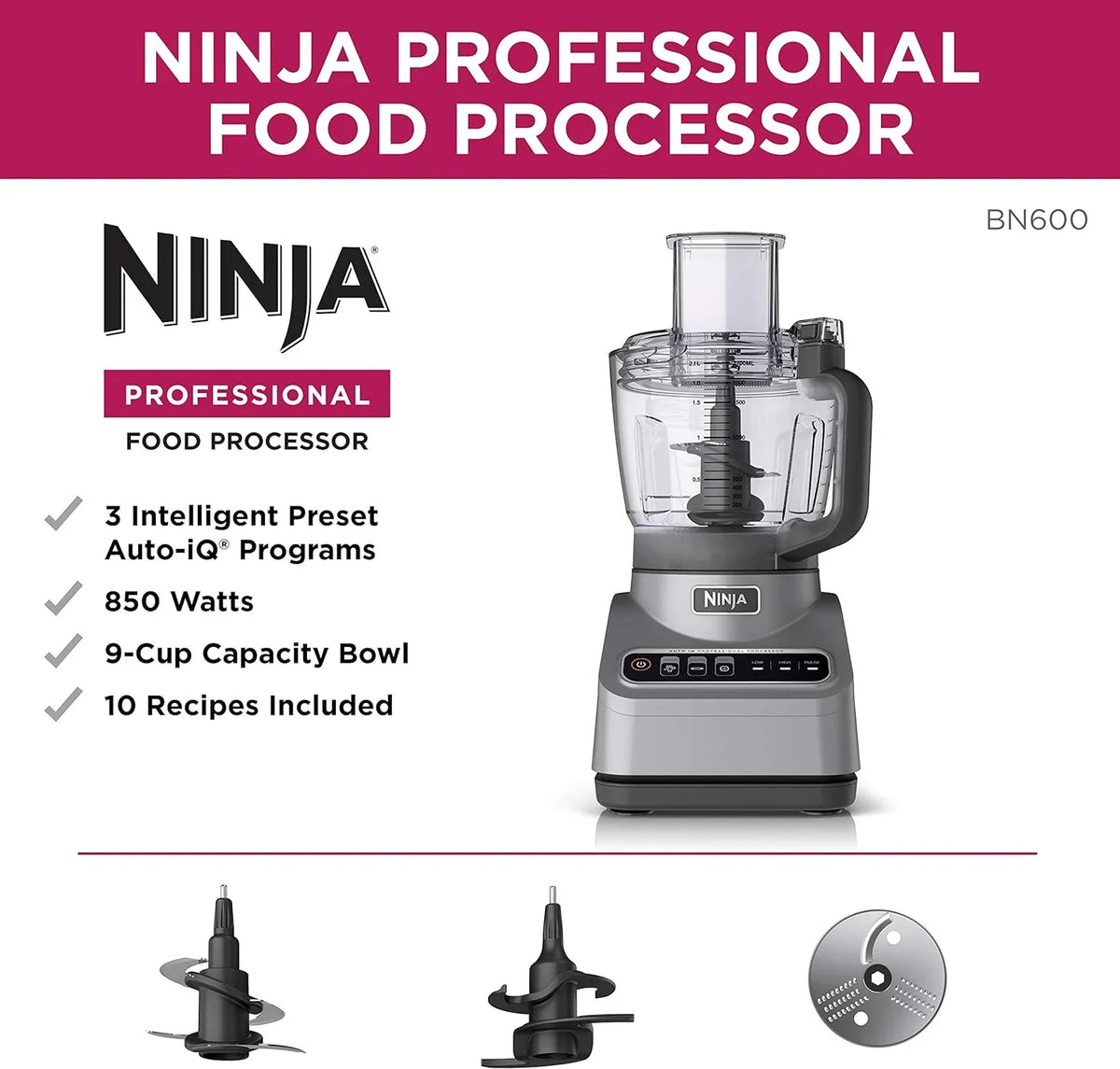 Restored Ninja BN600 Professional Plus Food Processor, 850 Watts, 3 Functions for Chopping, Slicing & Dough with 9-Cup Processor Bowl, 3 Blades, Food Chute & Pusher, Silver (Refurbished) - image 5