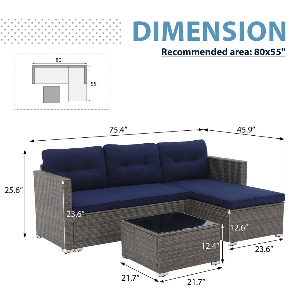 JOIVI 3 Pieces Patio Conversation Set, PE Wicker Rattan Outdoor Furniture Set, 2 Ways Small Sectional Sofa, Tempered Glass Coffee Table, Silver-Gray - image 28