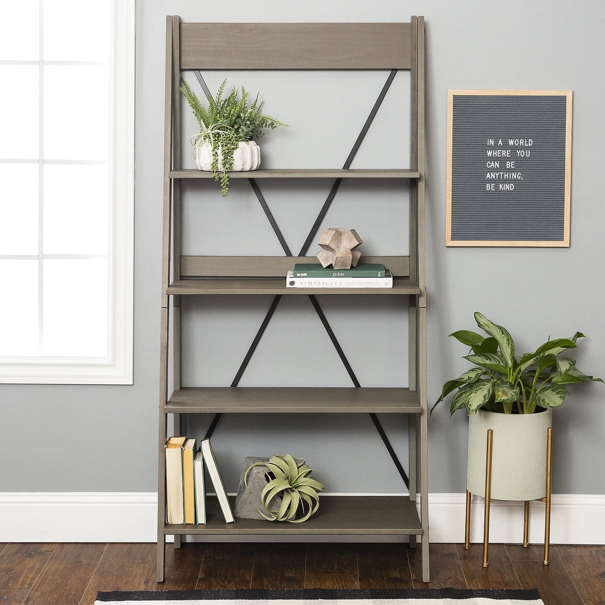 Walker Edison Solid Wood 4-Shelf Ladder Bookshelf, Brown - image 17