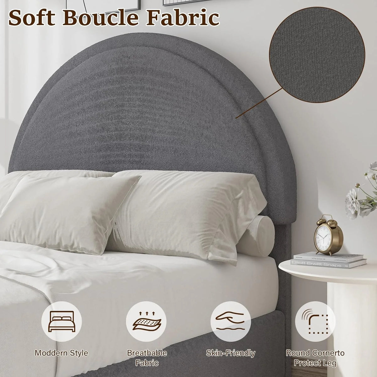 4 EVER WINNER Queen Size Bed Frame, Boucle Upholstered Bed Frame with Headboard, White Queen Bed Frame, White - image 11