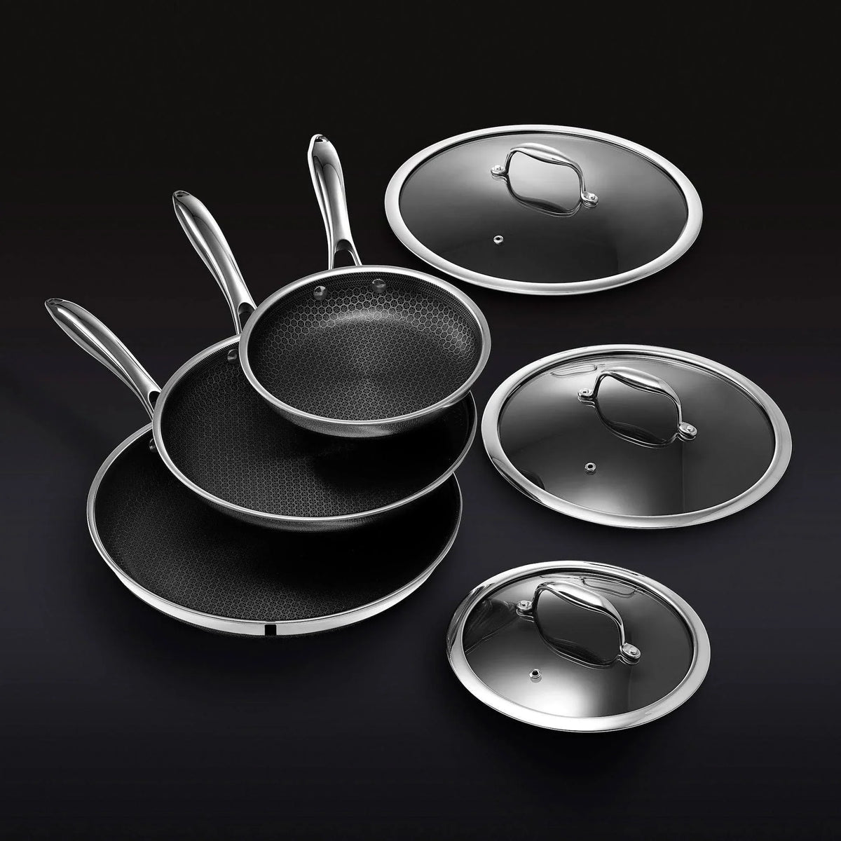 HexClad 6 Piece Hybrid Stainless Steel Cookware Pan Set 8 inch 10 inch 12 inch with Glass Lids Size: One size Black - image 2