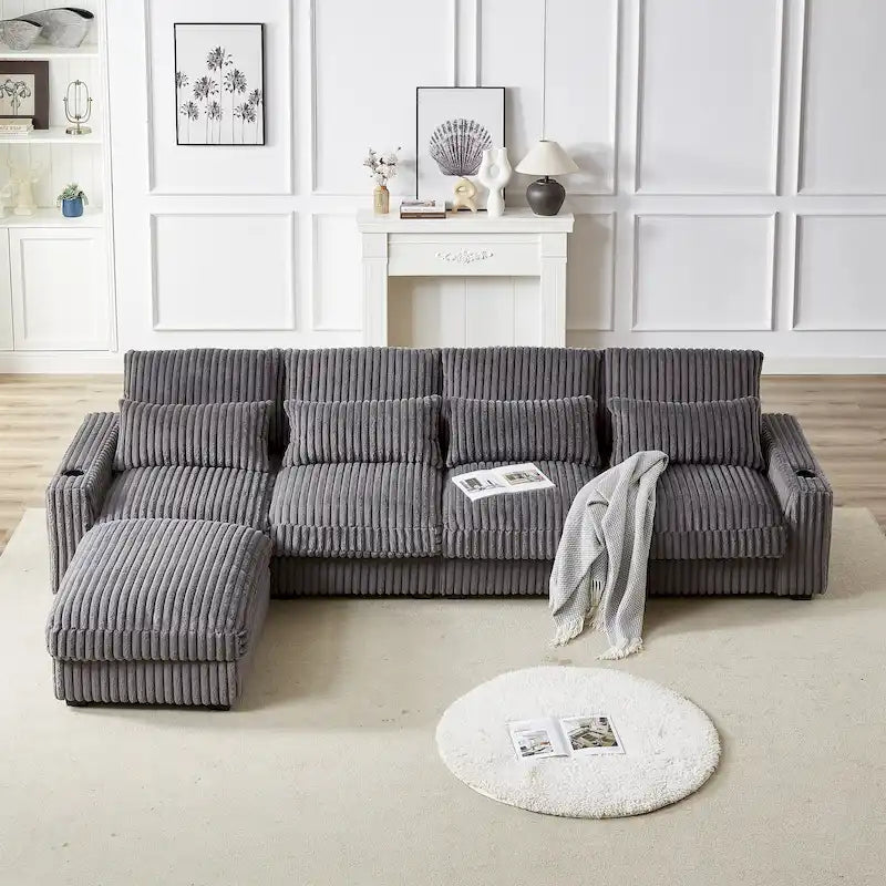 126W Large L-Shaped Corduroy Sofa with USB Charging Port - image 4