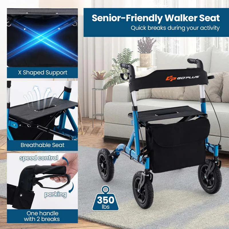 Foldable Rolling Walker with 9.5" All Terrain Pneumatic Wheel, Heavy Duty Height Adjustable Rollator Walker with Seat for Seniors - image 15