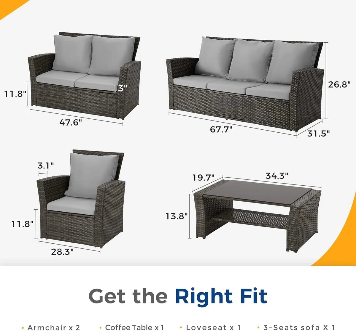 Wisteria Lane 4 Piece Outdoor Patio Furniture Sets, Wicker Conversation Set for Porch Deck, Grey Rattan Sofa Chair with Cushion Blue - image 42