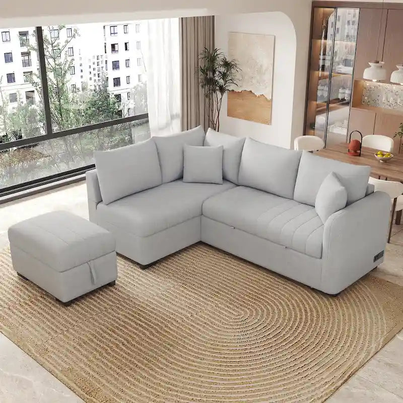 82.6" L-Shaped Sectional Sofa Bed with Pull-Out Feature, USB Ports, Power Sockets, and Movable Storage Ottoman - Bei - image 7