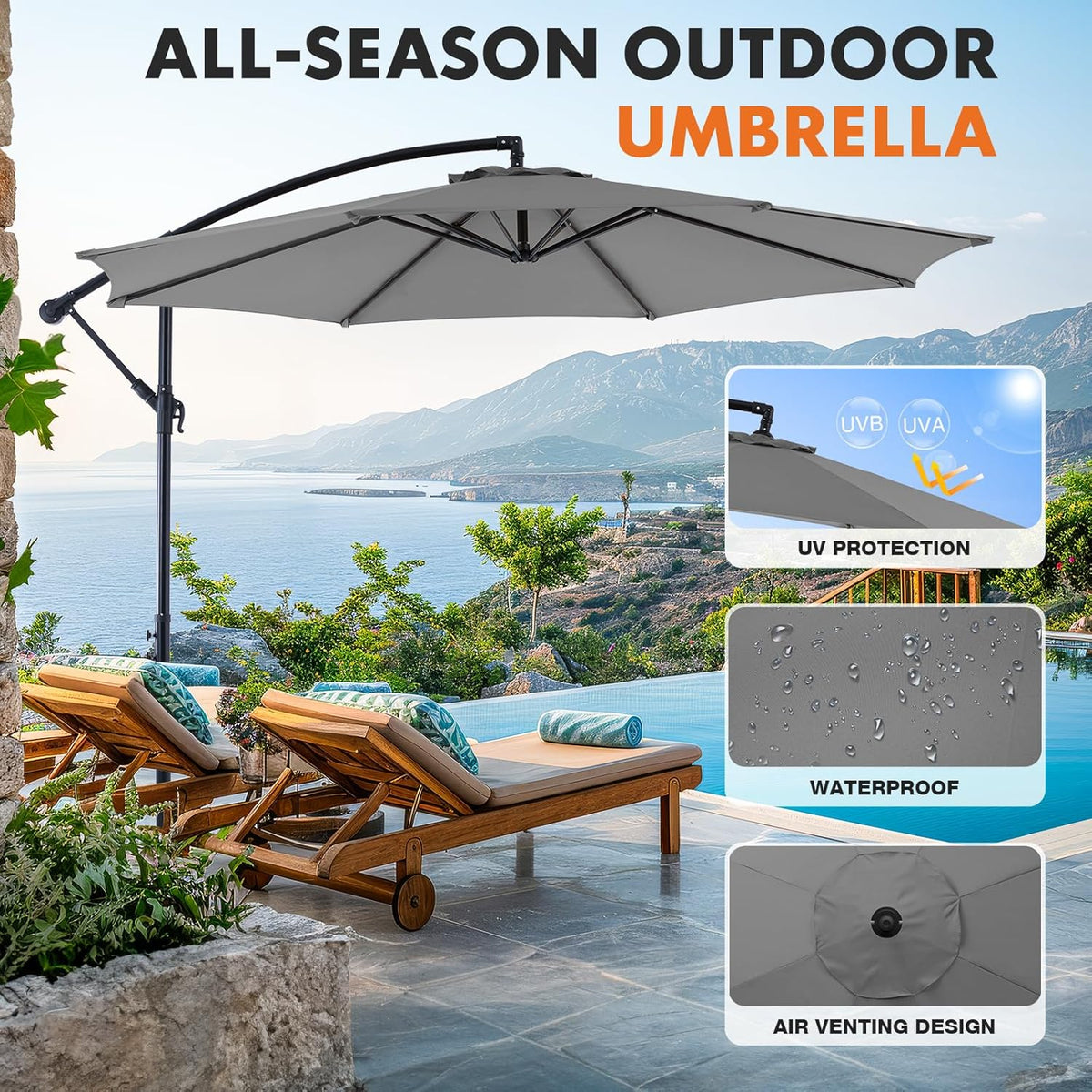 9.8FT Offset Patio Umbrella Hanging Cantilever Umbrella Outdoor Sun Shade with Easy Tilt Adjustment, 8 Ribs, UV Protection for Backyard, Lawn, Garden and Pool, Blue - image 9