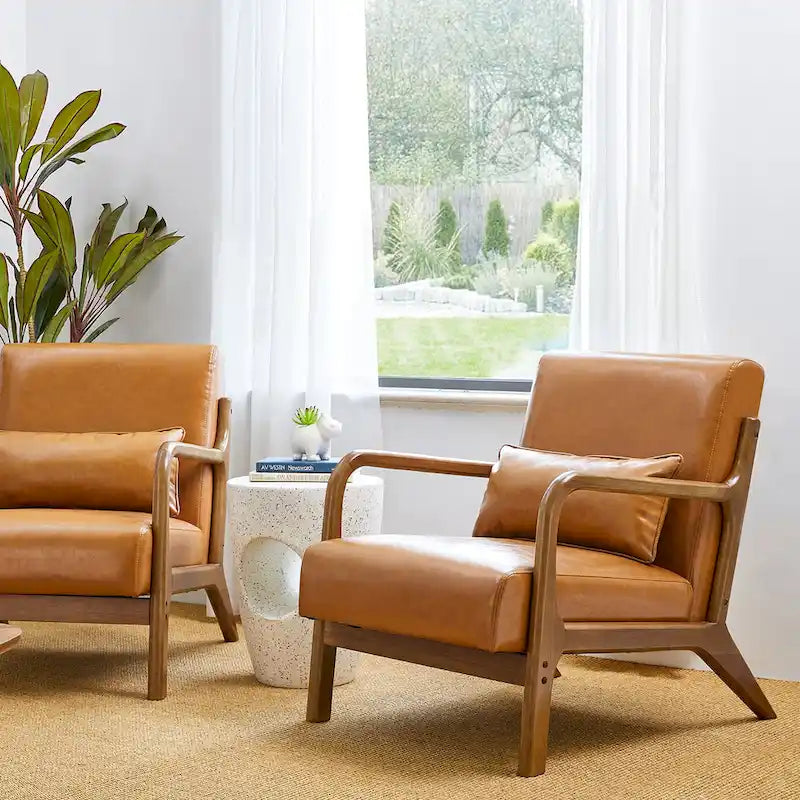 Glitzhome Set of 2 Mid-Century Modern PU Leather Accent Chairs - 30.75H with Cushions (25.75W x 33.75D) - image 10