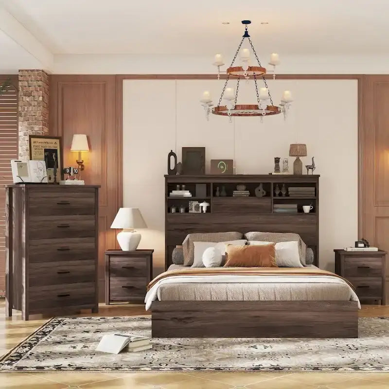 Vintage Queen Size Bedroom Set: 4-Piece Wooden Bed Frame with 2 Nightstands and 1 Dresser - image 1