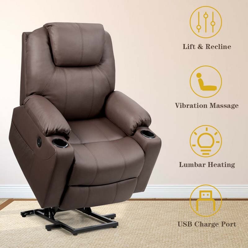 Electric Power Lift Recliner, Leather Massage Reclining Sofa, Elderly Lift Chair with Lumbar Heating & 8 Vibrating Nodes, Cup Holder, USB Port - image 9
