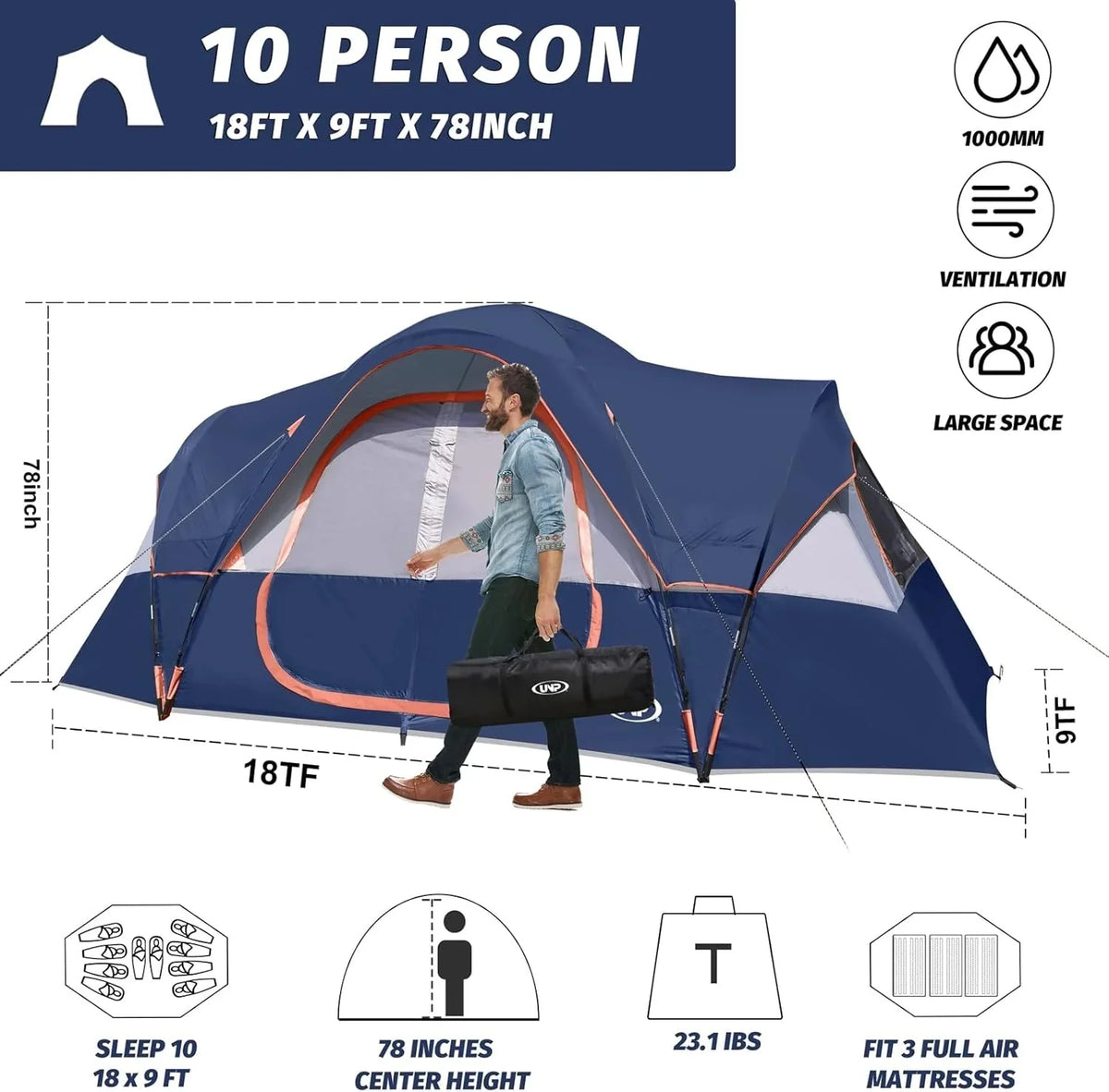 UNP Camping Tent 10-Person-Family Tents, Parties, Music Festival Tent, Big, Easy Up, 5 Large Mesh Windows, Double Layer, 2 Room, Waterproof, Weather Resistant, 18ft x 9ft x78in - image 45