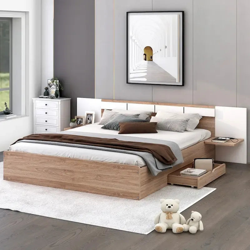 Natural Queen Size Platform Bed with Headboard, Storage Drawers, Shelves, USB Ports, and Outlets - image 1