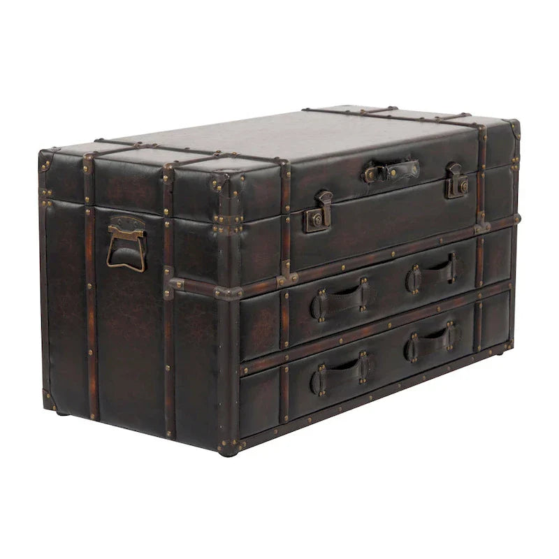 Roche River Decor Faux Leather or Linen Fabric Coffee Table Trunk with 2 Drawers and Buckle Hinged Top - Available in Dark Blue or Brown - image 6