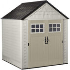 Rubbermaid 7×7 Ft Durable Weather Resistant Resin Outdoor Garden Storage Shed with Windows and Utility Hooks, Sand - image 1