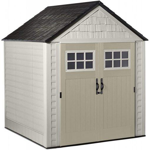 Rubbermaid 7×7 Ft Durable Weather Resistant Resin Outdoor Garden Storage Shed with Windows and Utility Hooks, Sand - image 1