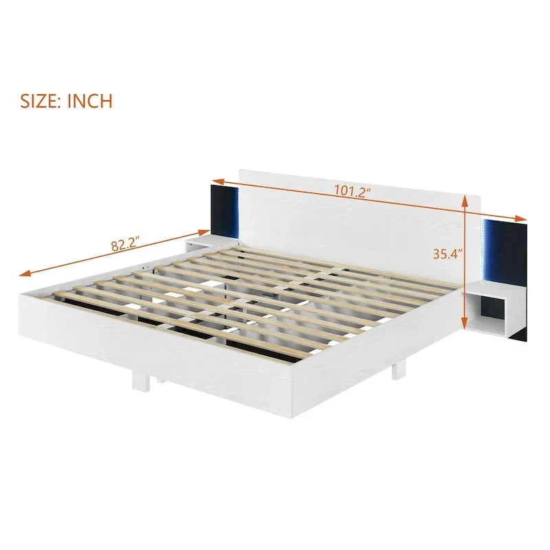 Modern King Size Wooden Floating Bed Frame with Nightstand and LED - Slatted Support Design - image 29