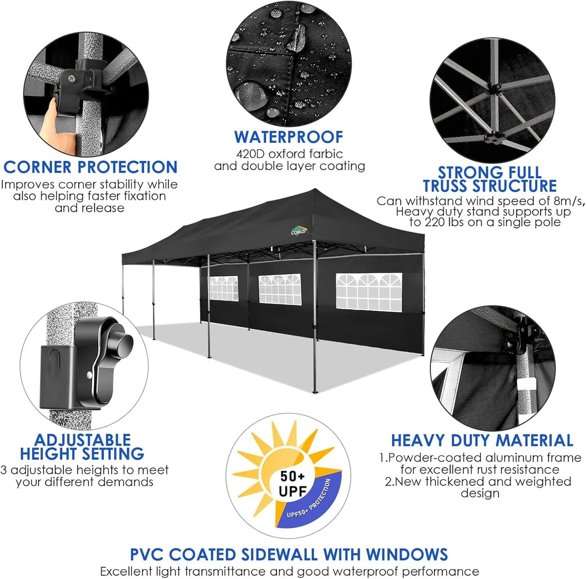COBIZI 10x20 Heavy Duty Pop up Canopy Tent with 6 sidewalls Easy Up Commercial Outdoor Canopy Wedding Party Tents for Parties All Season Wind & Waterproof Gazebo with Roller Bag,Black(Frame Thickened) - image 114