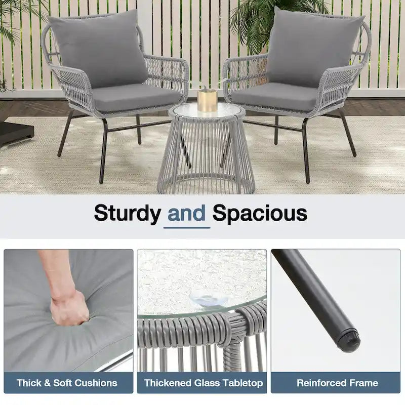 3-Piece Patio Conversation Bistro Set, Outdoor Rattan Furniture Set with Glass Table & 2 Wide Armchairs, Seat Cushions - image 29