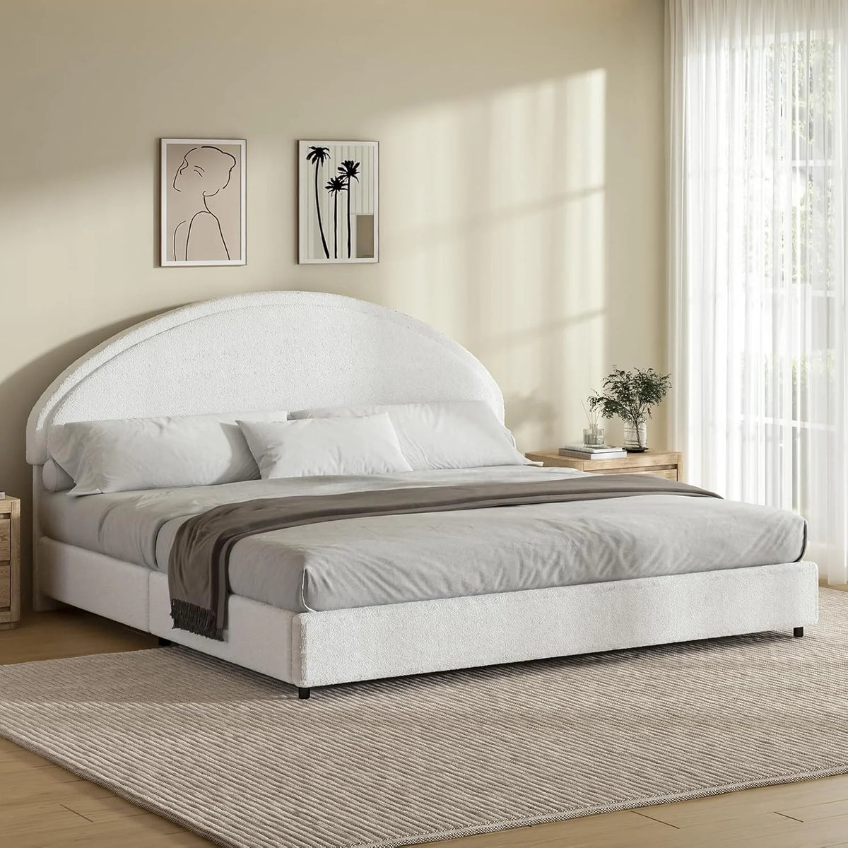4 EVER WINNER Queen Size Bed Frame, Boucle Upholstered Bed Frame with Headboard, White Queen Bed Frame, White - image 2