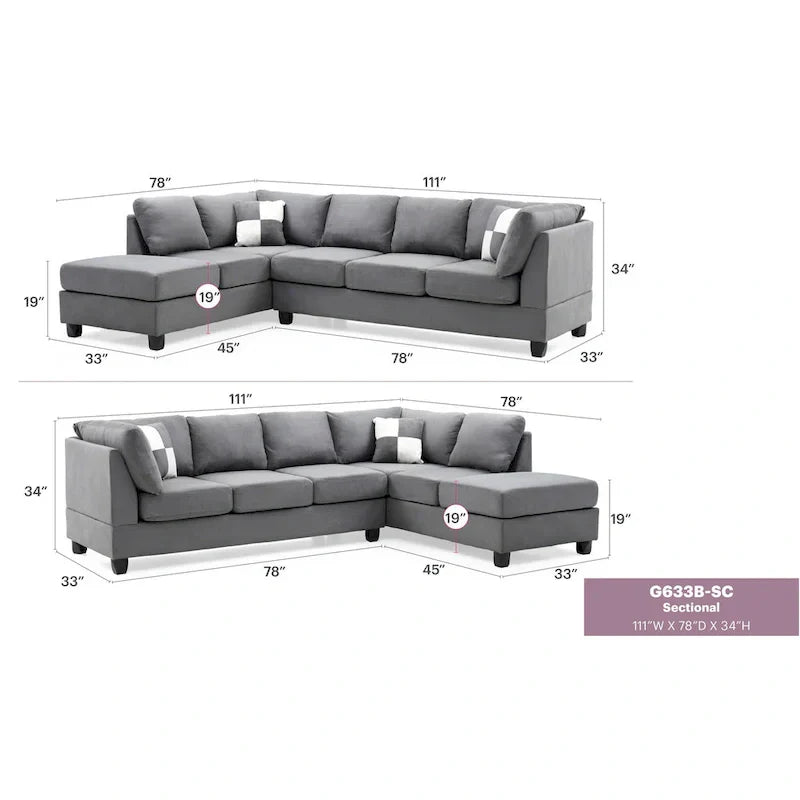 Malone 111-Inch Suede 4-Seater Sectional Sofa with Two Throw Pillows - Dimensions: 111L x 78W x 34H - image 36