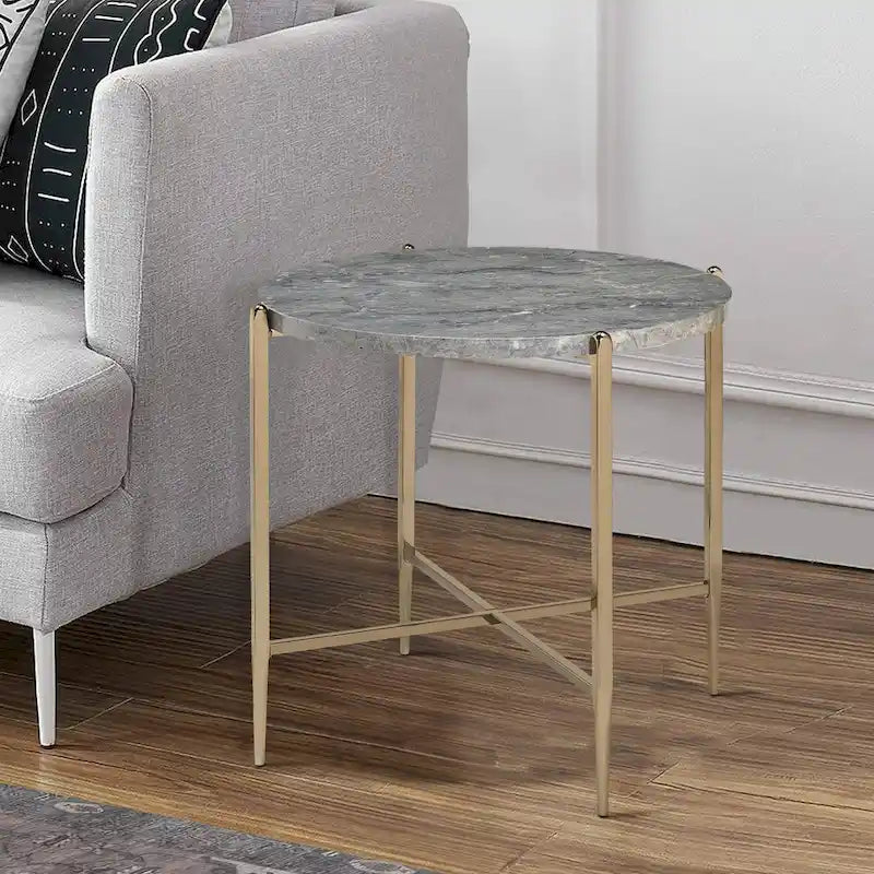 Gray and Gold End Table with Oval Marble Top and X-Shaped Base - image 6