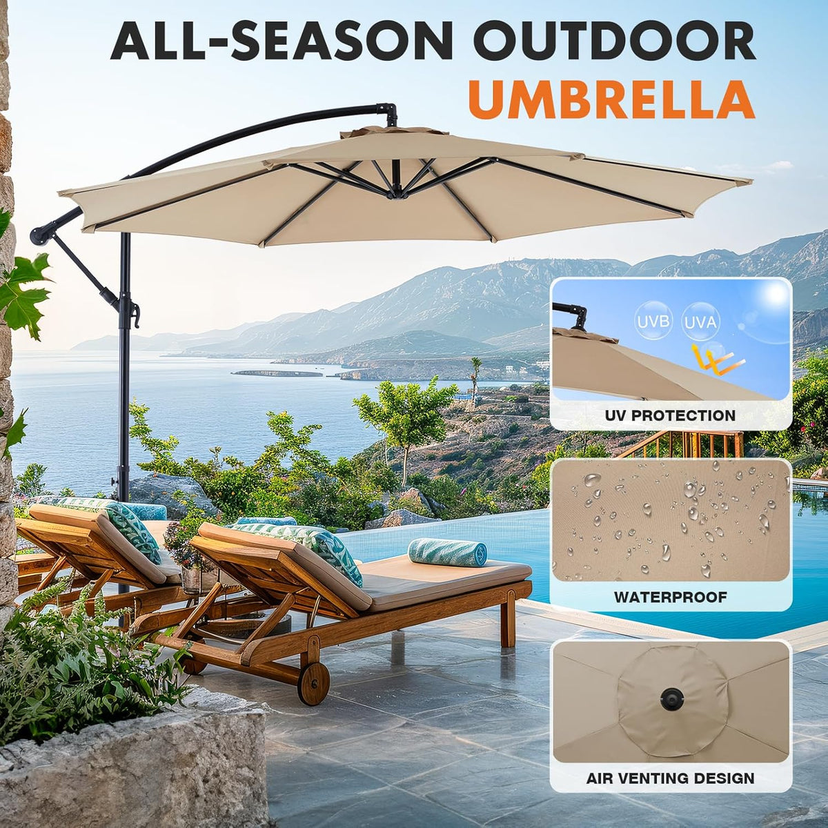 9.8FT Offset Patio Umbrella Hanging Cantilever Umbrella Outdoor Sun Shade with Easy Tilt Adjustment, 8 Ribs, UV Protection for Backyard, Lawn, Garden and Pool, Blue - image 15