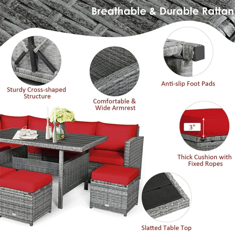 7 Pcs Rattan Patio Dining Furniture Sectional Sofa Set with Dining Table, Ottomans & Cushions - image 20