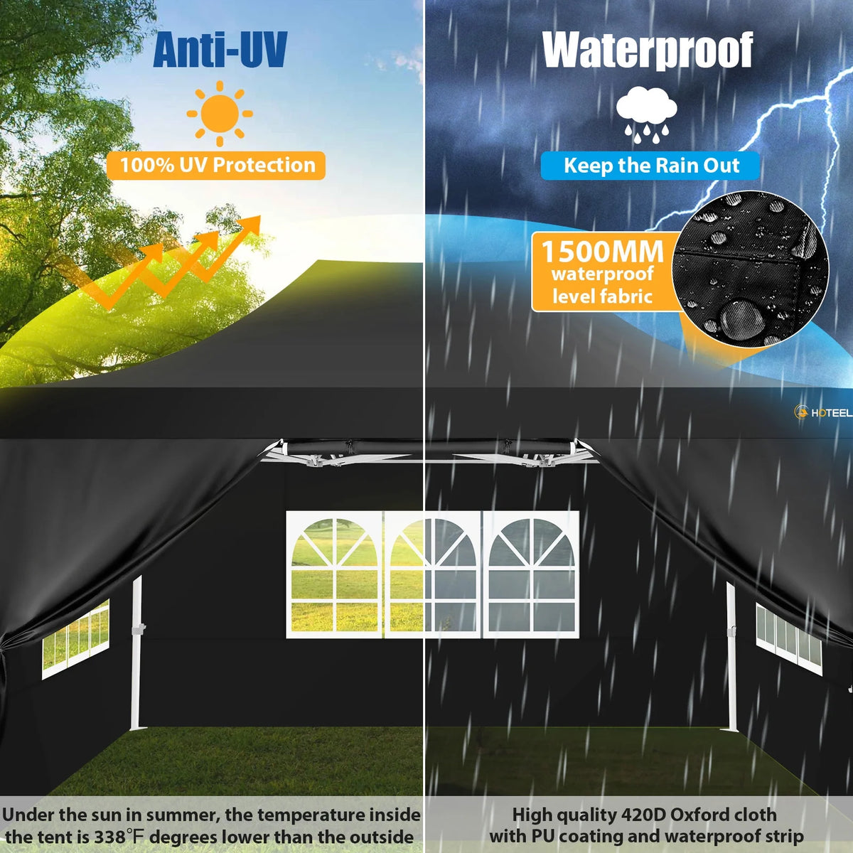 HOTEEL 10x15 Heavy Duty Canopy Tent - Commercial Pop Up with UV50+, Thick Hexagonal Frame, 4 Sidewalls, Anti-Pooling Design & Roller Bag (Black) - image 7