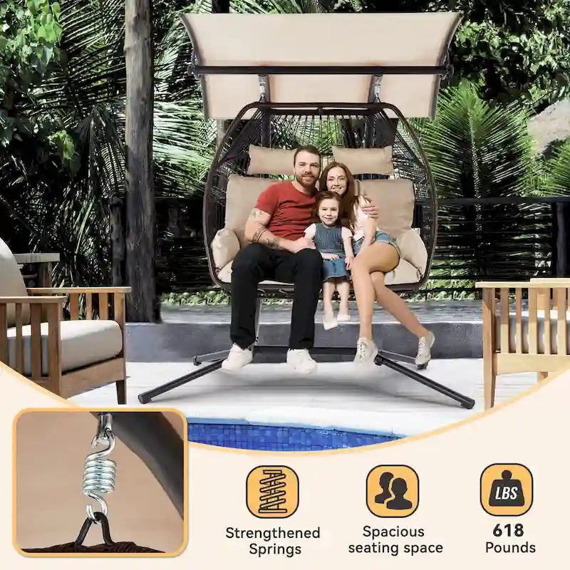 Outdoor Swing Loveseat with Stand, Foldable Hanging Chair, Hammock Cushion, and Awning, Double Egg Chair - Beige - image 9