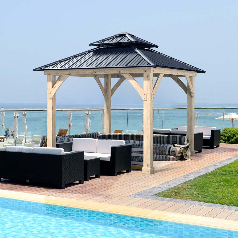 10 x 10 FT Outdoor Patio Hardtop Gazebo with Wood Frame & 2-Tier Metal Roof, All-Weather Gazebo Pergolas Shelter - image 8
