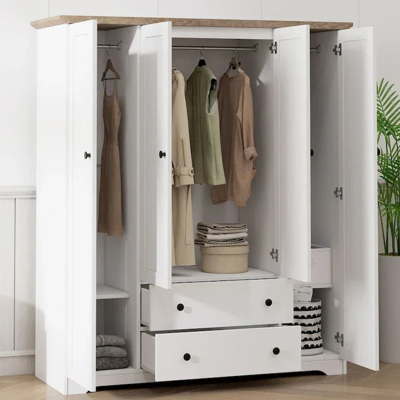 Freestanding 4-Door Wardrobe Armoire with 2 Drawers and Hanging Rods for Clothes Storage - image 4