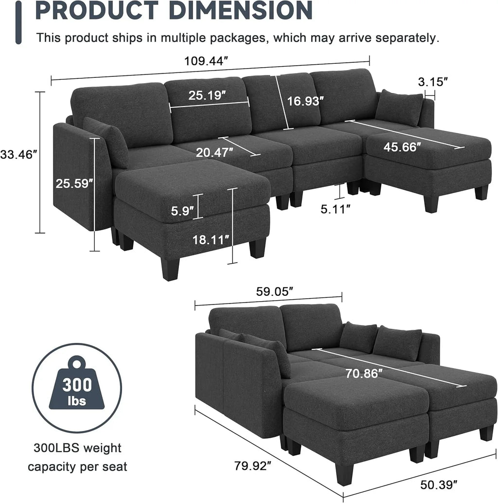 Modular Sectional Sofa, Convertible U Shaped Sofa Couch with High Density Memory Foam, 6 Seat Comfy Modular Sofa Couch for Living Room, Modern U Shaped Sectional Sofa, Dimgrey - image 6