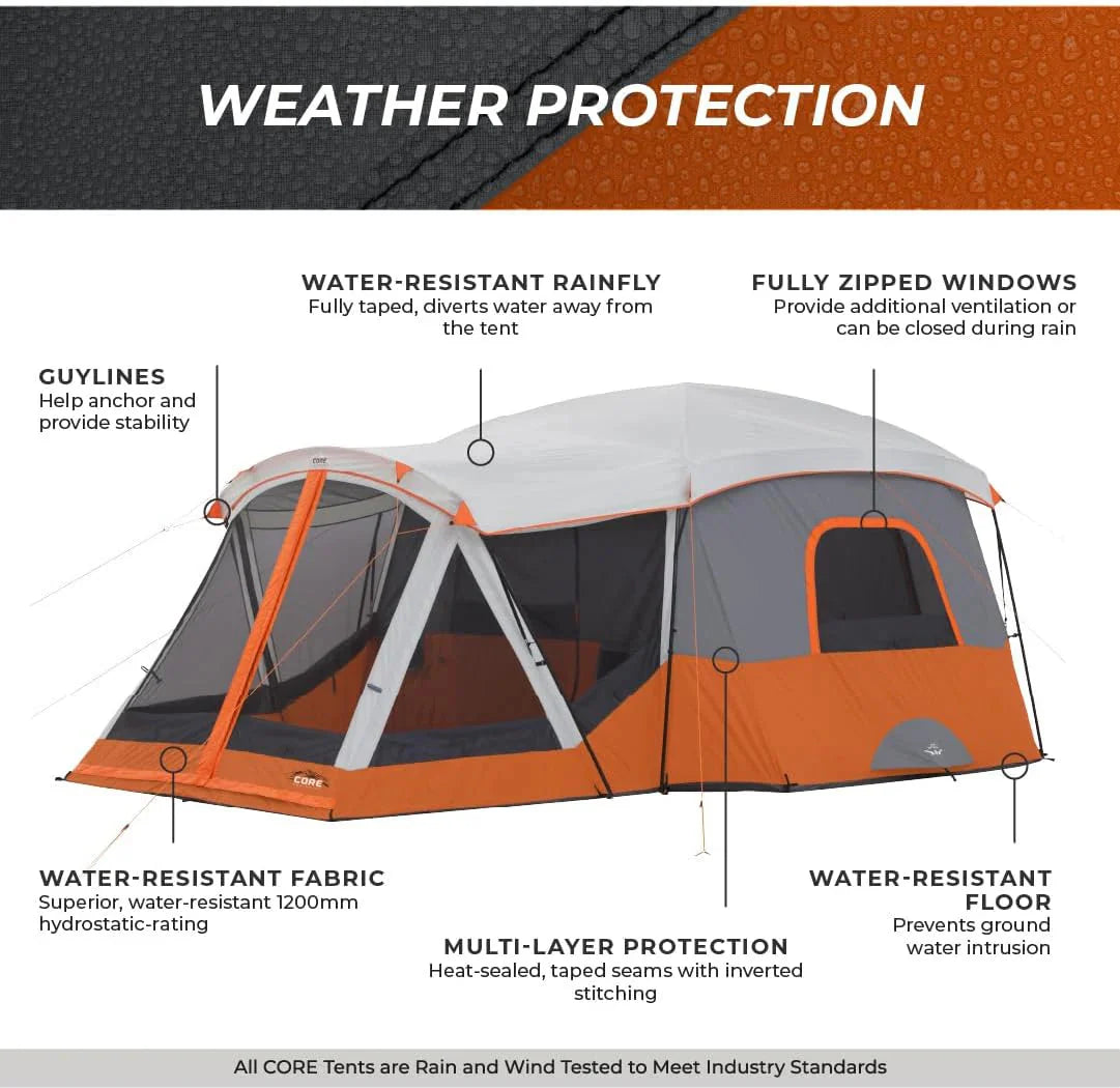 CORE Straight Wall Cabin Tents / 10 Person / 11 Person / 12 Person Large Multi Room Family Tents for Car Camping & Outdoor Adventures - image 31