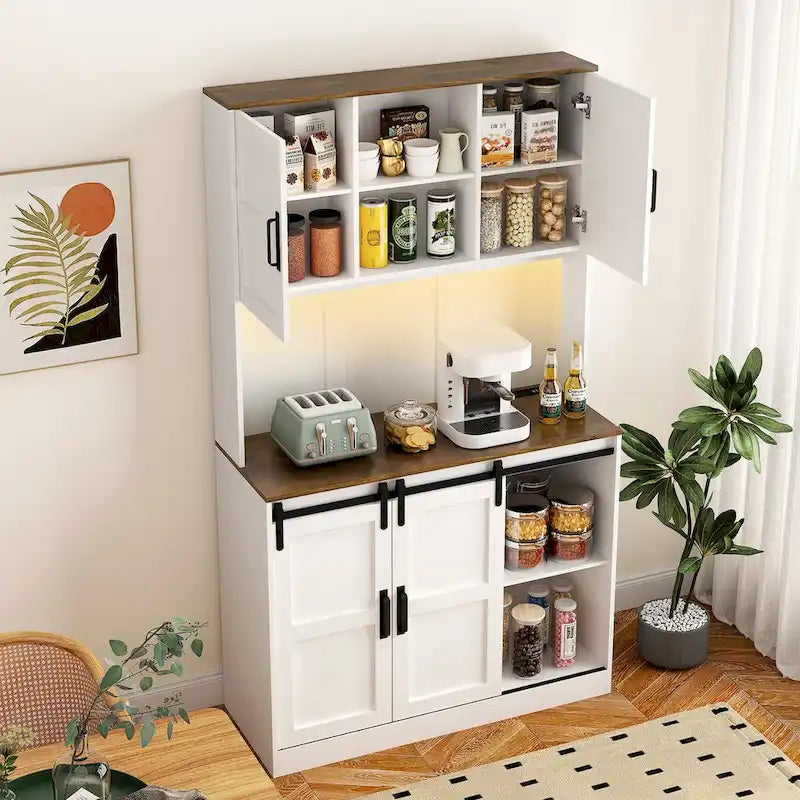 Rustic White Farmhouse Bar Cabinet with Sliding Barn Door - Spacious Kitchen Buffet and Coffee Bar Sideboard Table - image 5