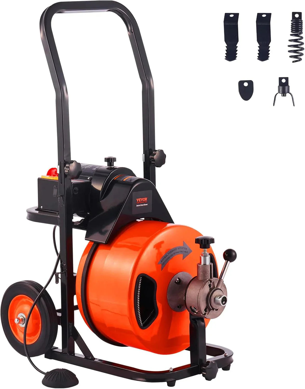 Drain Cleaner Machine 100FT x 1/2Inch, Auto Feed Sewer Snake Auger with 4 Cutter & Air-activated Foot Switch for 1" to 4" Pipes, Orange, Black - image 1