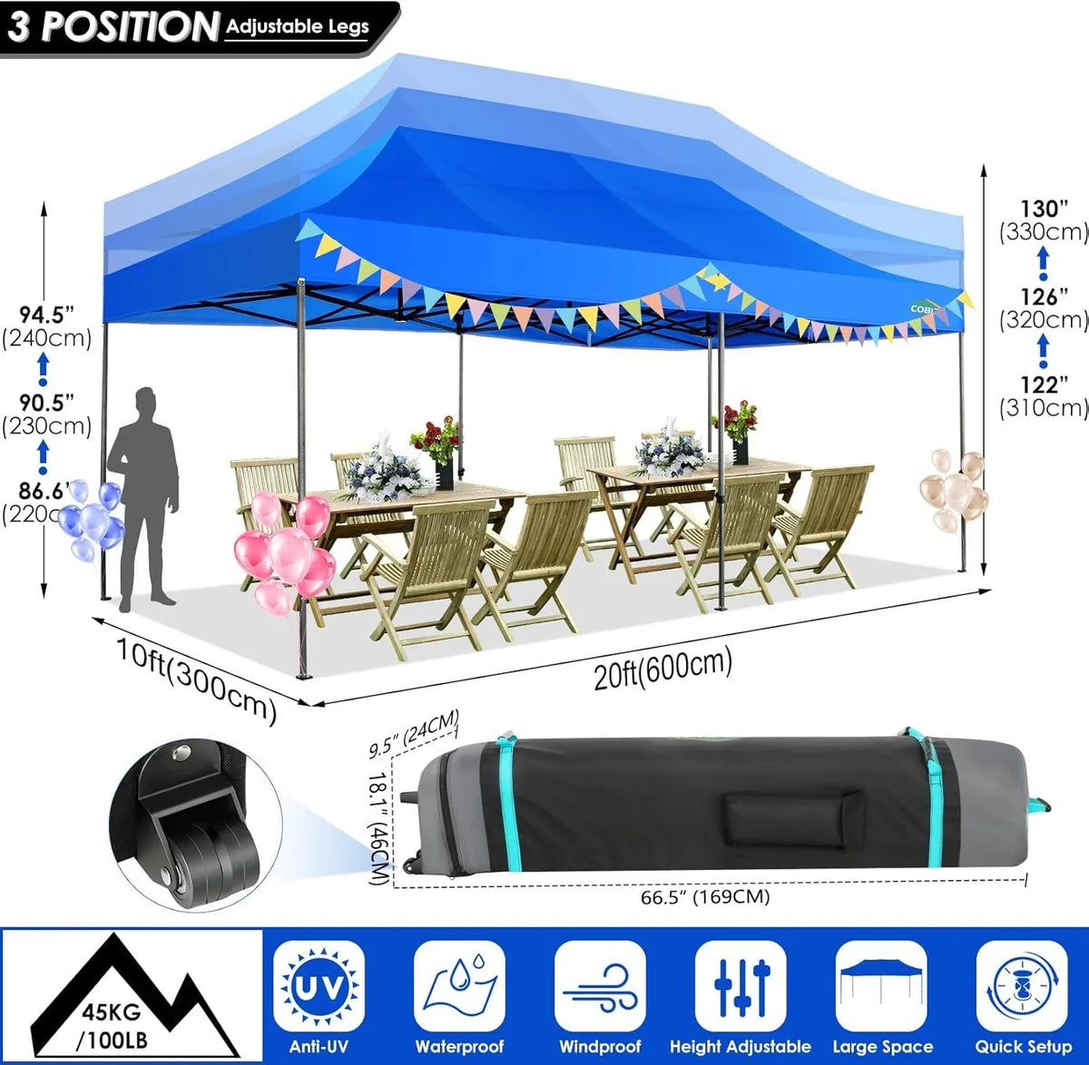 COBIZI 10x20 Heavy Duty Pop up Canopy Tent with 6 sidewalls Easy Up Commercial Outdoor Canopy Wedding Party Tents for Parties All Season Wind & Waterproof Gazebo with Roller Bag,Black(Frame Thickened) - image 48