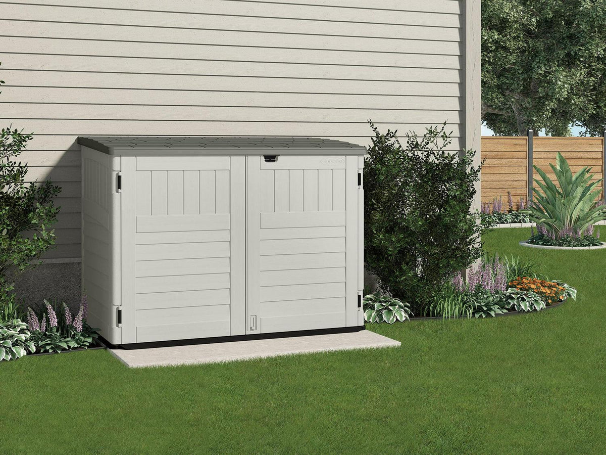 Suncast BMS4700 Resin Storage Shed, Off-White/Gray, 70.5′′W x 44.25′′D x 52′′H, Double Door, UV Resistant - image 2