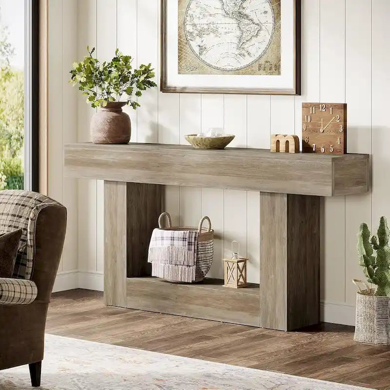 63-Inch Brown and Gray Slim Wooden Console Table for Entryway - image 20
