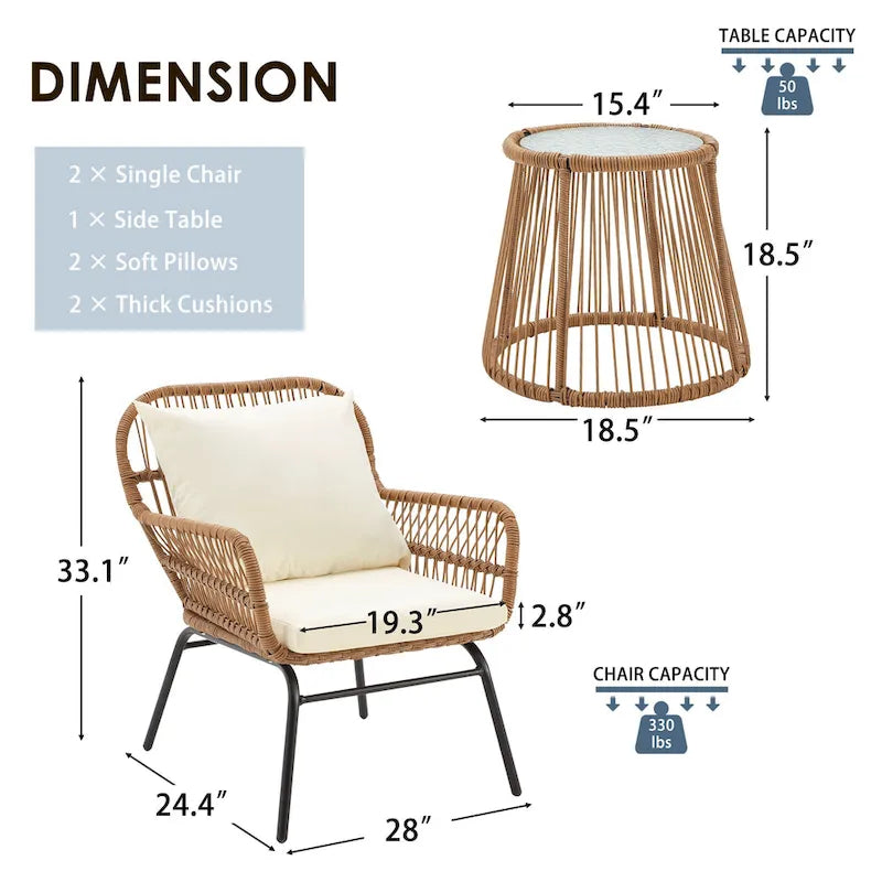 3-Piece Patio Conversation Bistro Set, Outdoor Rattan Furniture Set with Glass Table & 2 Wide Armchairs, Seat Cushions - image 16