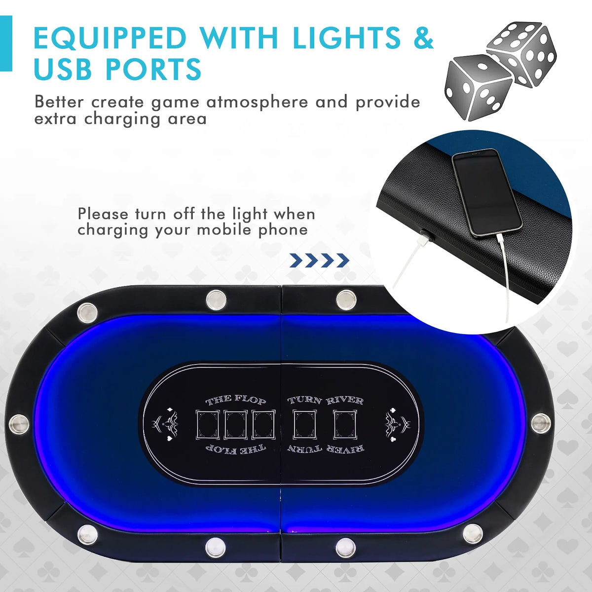 Costway Foldable, USB Ports, LED Lights 10 Player Poker Table, Blue/Black - image 9