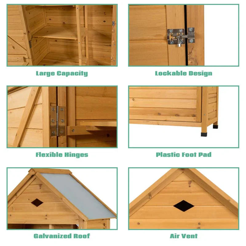 63" Wood Outdoor Storage Shed Lockable Garden Tools Storage Cabinet with 5 Shelves, Galvanized Sheet Roof - image 15