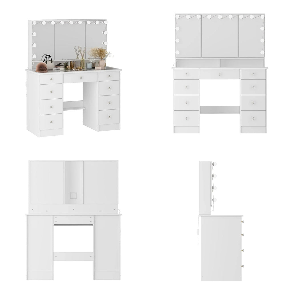 Makeup Vanity w/Tri-Fold Mirror Certified Lighting Glass Top Dresser - image 14