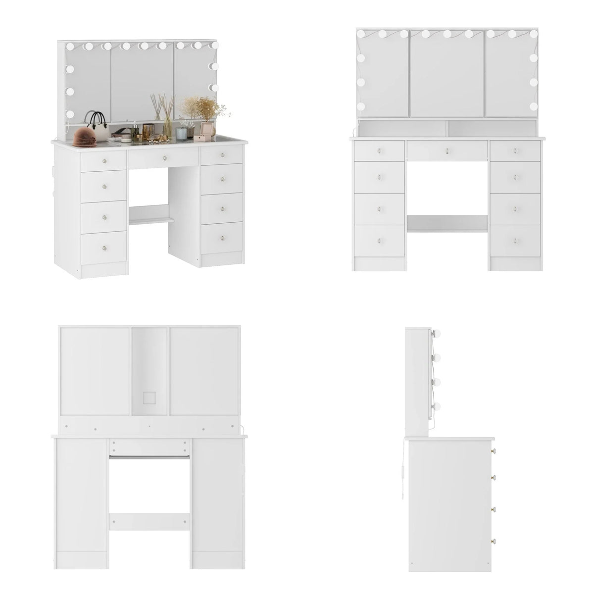 Makeup Vanity w/Tri-Fold Mirror Certified Lighting Glass Top Dresser - image 14