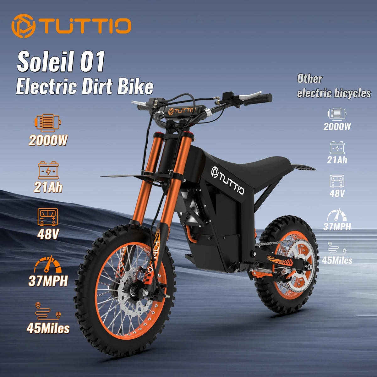 TUTTIO Soleil01 Adult Electric Dirt Bike (with Branded Helmet), 2000W, 48V 21Ah Battery, 37Mph Full Suspension Mountain E-Bike, 200Nm Torque All-Terrain Electric Motorcycle - image 5