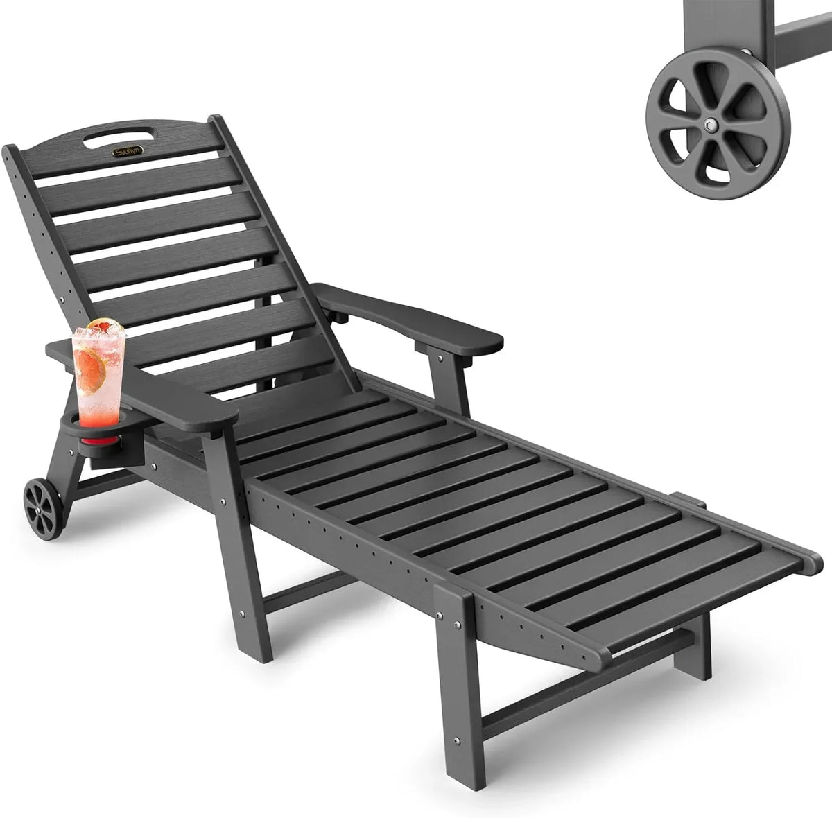 Lounge Chair Outdoor, Chaise Lounge, HDPE 6-Position Outdoor Chaise Lounge, Patio Lounge Chair with Wheels & Cup Holder for Pool Poolside Deck Backyard, Teak - image 19