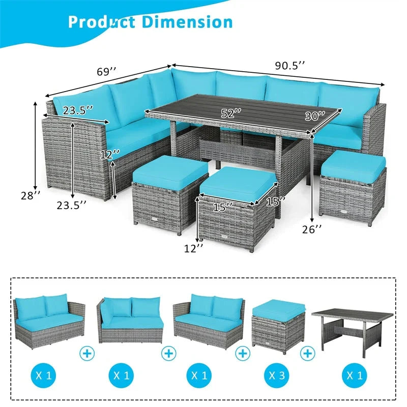 7 Pcs Rattan Patio Dining Furniture Sectional Sofa Set with Dining Table, Ottomans & Cushions - image 43