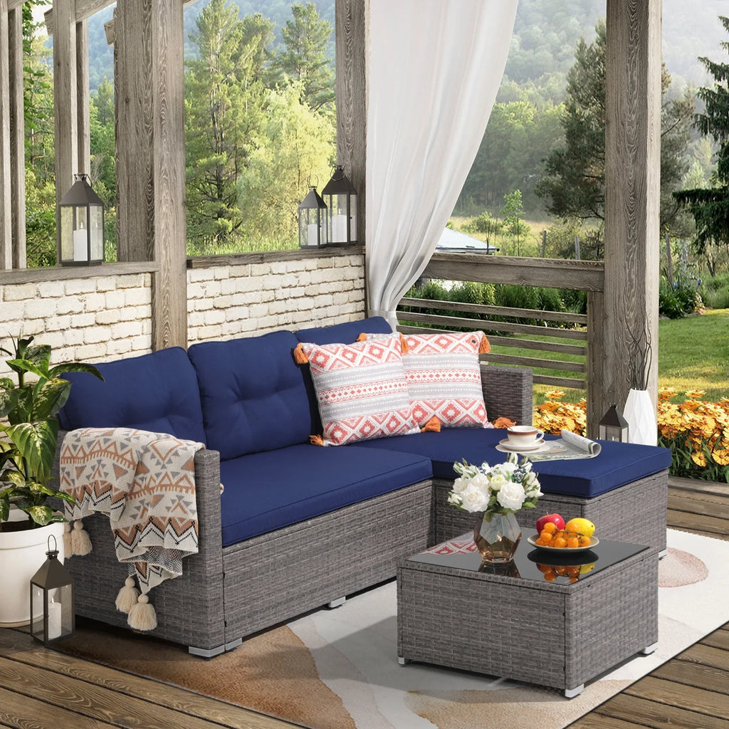 JOIVI 3 Pieces Patio Conversation Set, PE Wicker Rattan Outdoor Furniture Set, 2 Ways Small Sectional Sofa, Tempered Glass Coffee Table, Silver-Gray - image 30