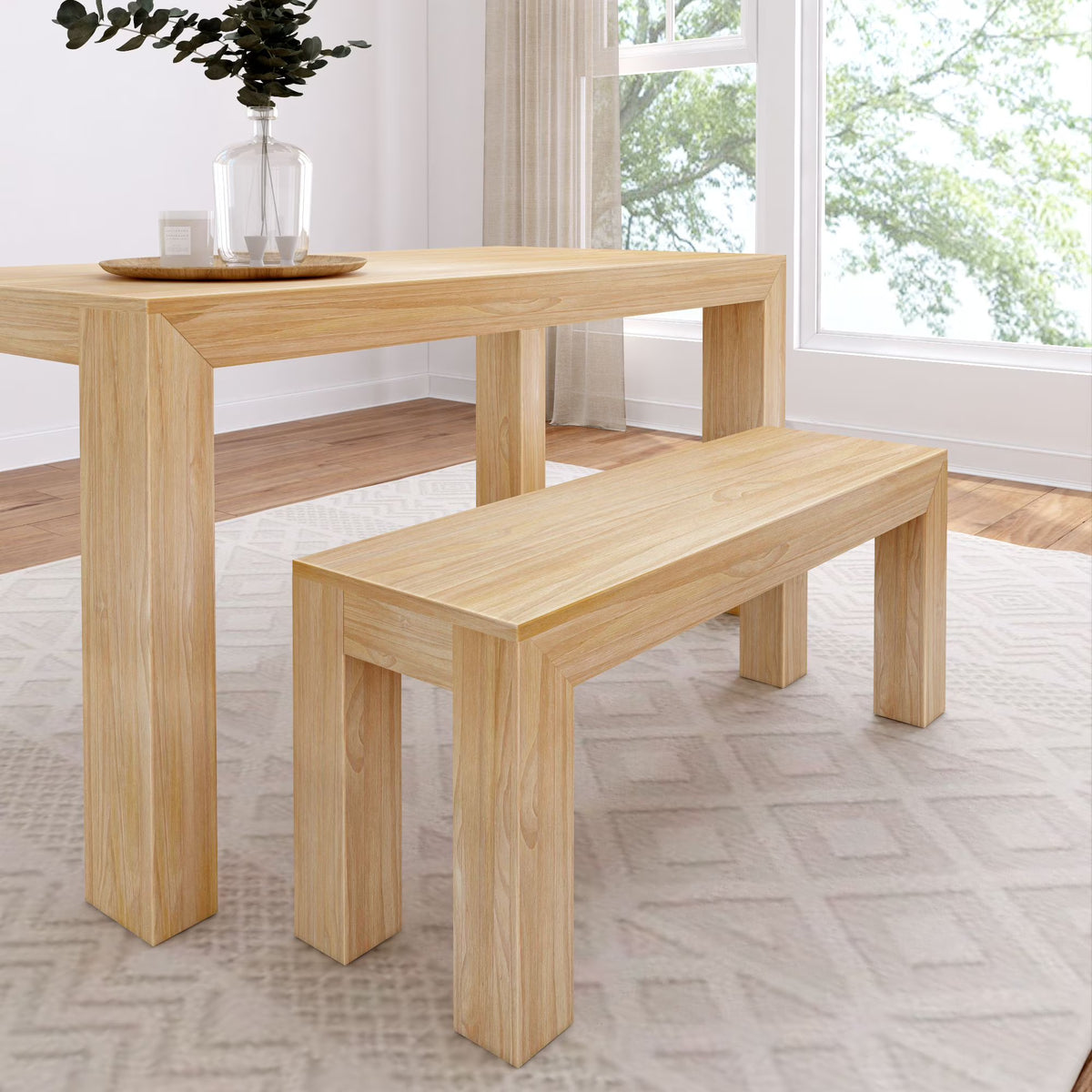 Plank+Beam Modern Dining Bench, Solid Wood Bench for Dining Table, 49", Blonde Wirebrush - image 1