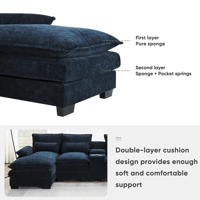123*55 Contemporary U-Shaped Sofa with Console, Cup Holders, USB Ports, Upholstered Sleeper Couch Set with Chaise - image 10