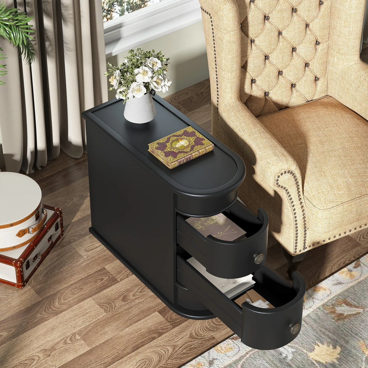 Solid Wood Chairside End Table, Two-Drawer Narrow Side Table Slim - image 35