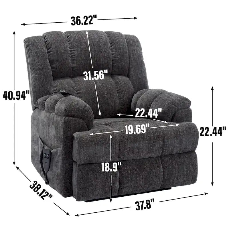 Grey Oversized Chenille Power Lift Recliner with Massage, Heating, and Flat Lay Feature - image 13